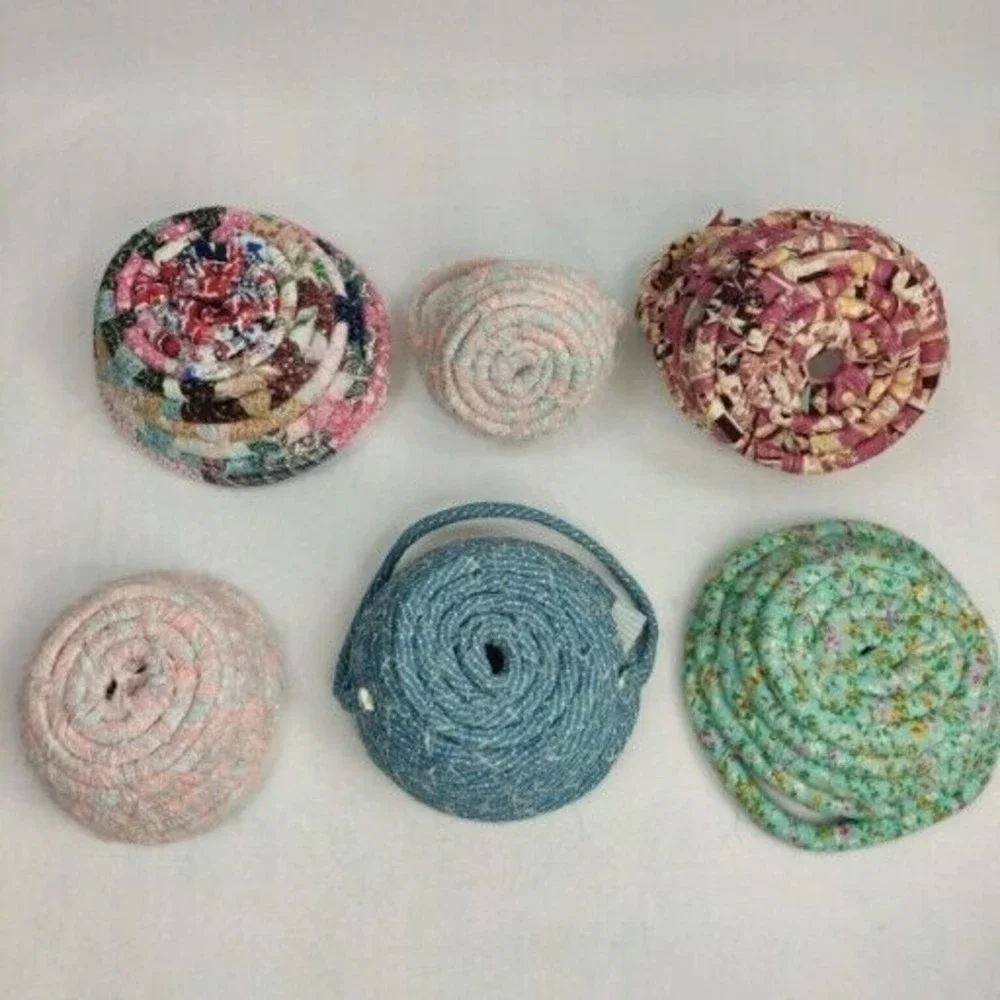 Lot Of 6 Vintage Handmade Fabric Rope Baskets Quilt Remnant Patterns‎ BOJO - Picture 2 of 16